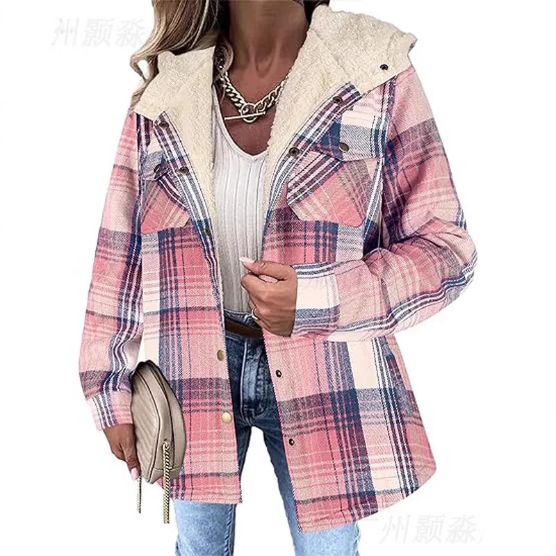 2026 European And American Amazon Autumn Winter Women's Plaid Casual Versatile Jacket Long Sleeve Furry Hooded Coat With Pockets