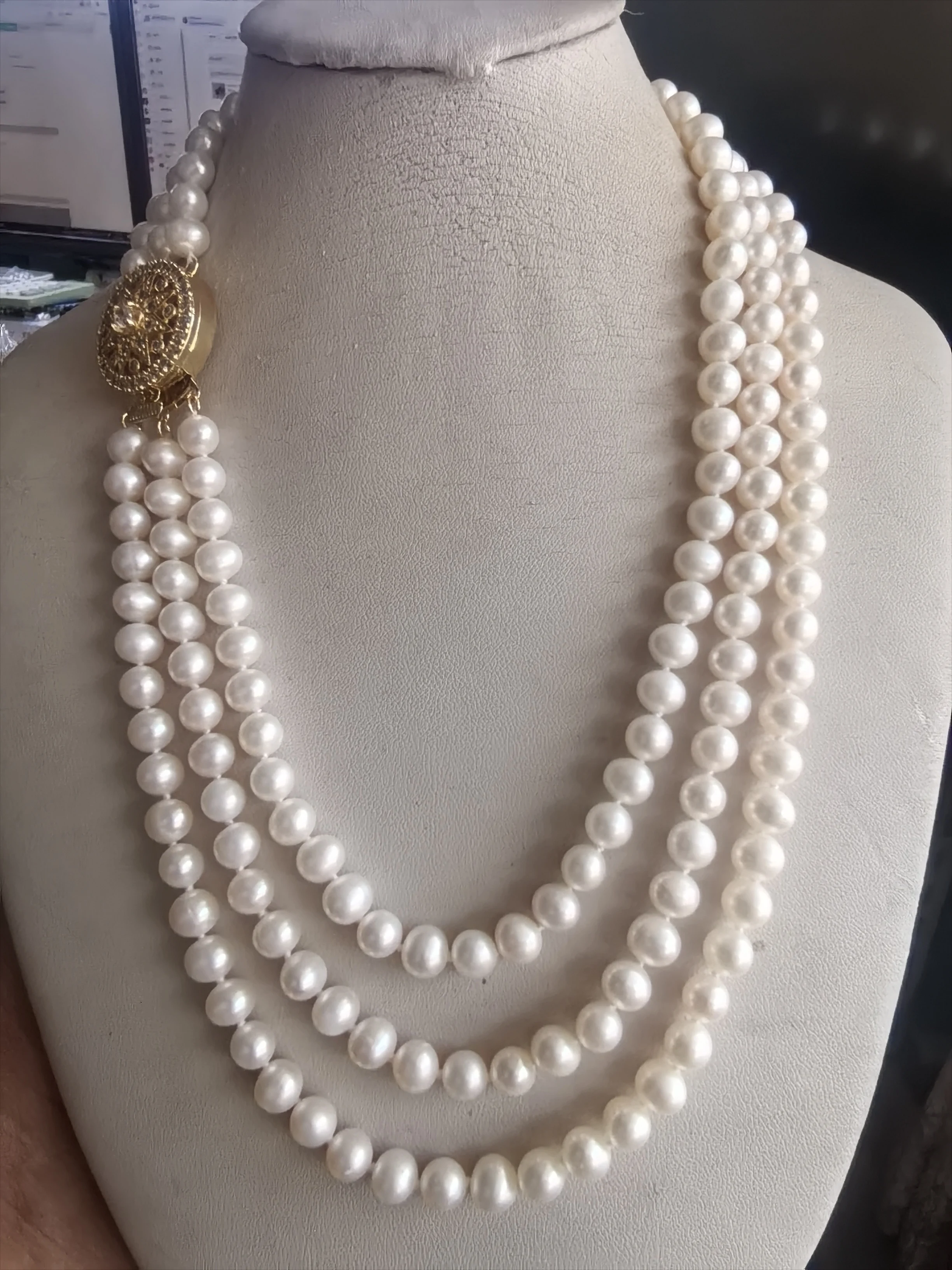 Japan 3rows 18inch Baroque AAA+10-11mm akoya round white Pearl Necklace 925s