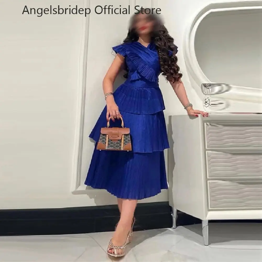 

Angelsbridep Blue Chiffon Tiered Evening Dress Saudi Arabia V Neck Tea Length Short Prom Party Gowns Vestido de festa Women 2023