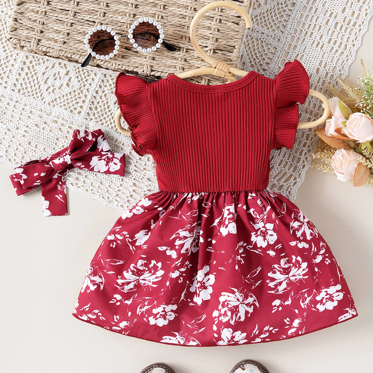 Floral Striped Little Flying Sleeves Cute Bow Dress with Headscarf for Babies and Girls