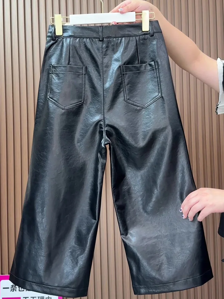 Faionable Pantaloni larghi in pelle a gamba dritta a vita alta Pantaloni casual da donna Autunno New Sle Vita elastica a sette piedi