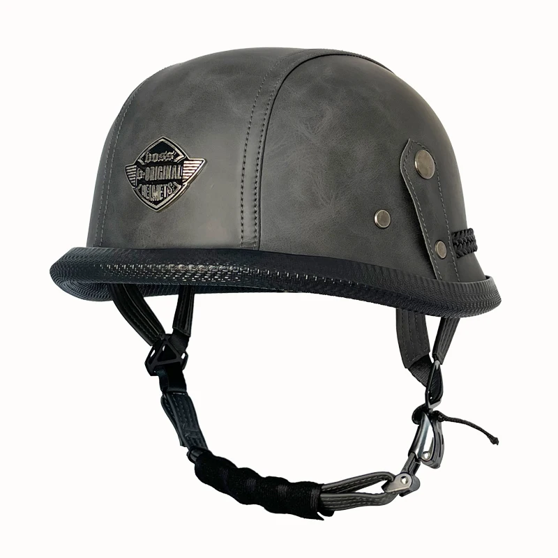 Vintage leather WWII-style black riding helmet, unisex open-face half helmet for German motorcycles, factory direct sales.
