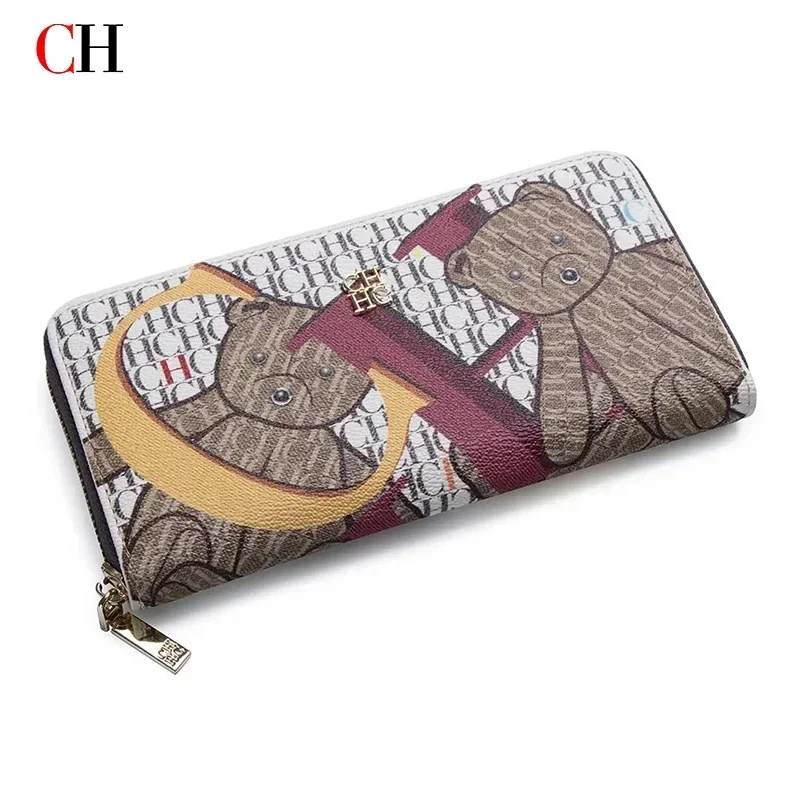 CH Women Long Zipper Wallet Vintage Monogram Cute Bear Pattern Large Card Slots Purse With Packaging Box Daily Coin Clutch Bag