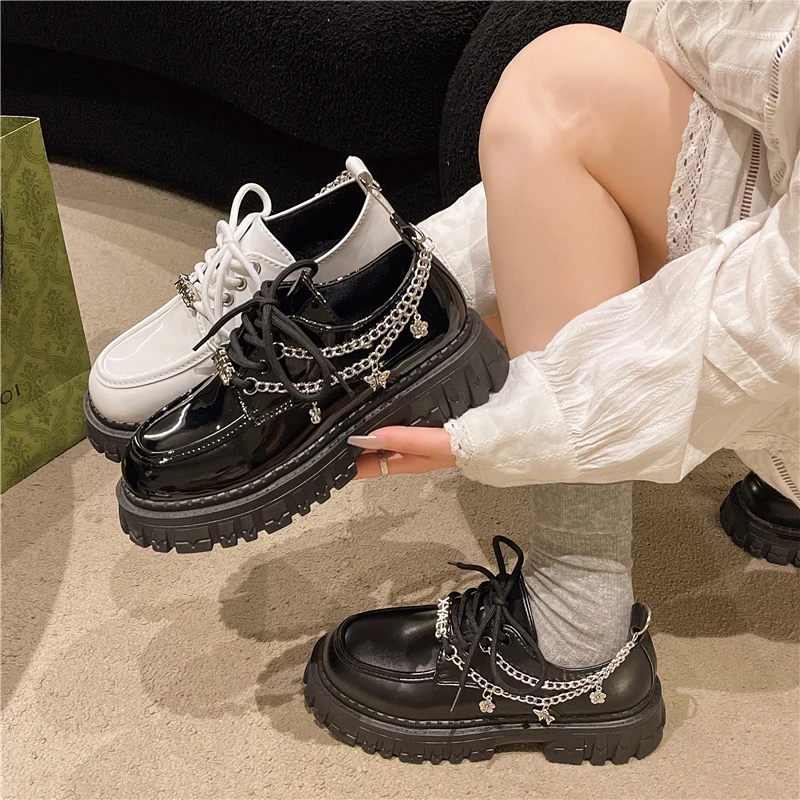 Metal Chain Platform Lolita Gothic Shoes Woman College Style Patent Leather Pumps Women Japan School Uniform Shoes Zaptos Mujer