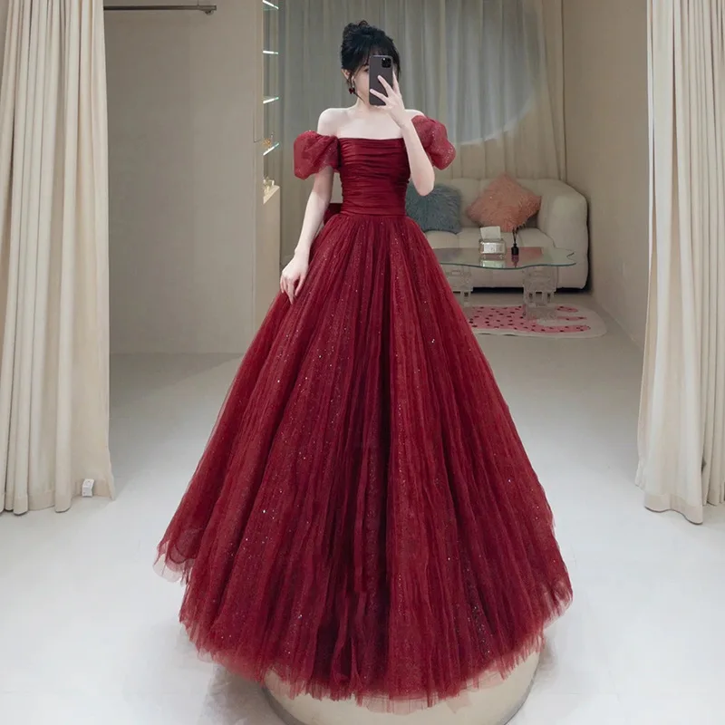 

2026 New Fashionable Toast Dress Large French One Shoulder Bubble Sleeves Evening Dress Host Art Exam Show Thin Puff Skirt
