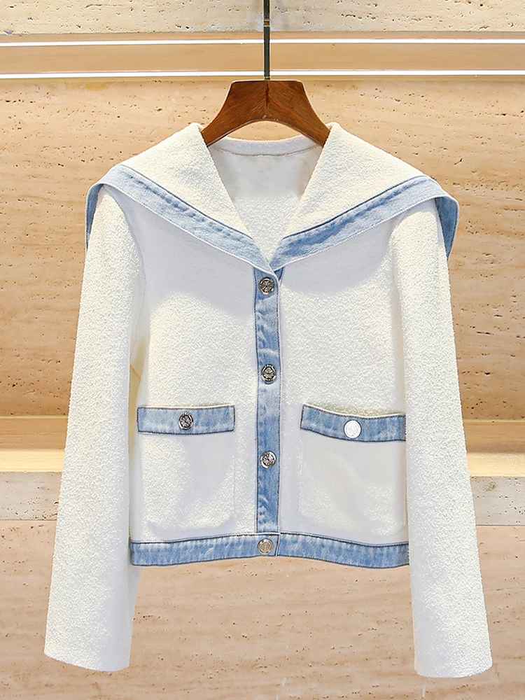 

M Home Nan You High End Women's Spring 2025 College Sle Navy Collar Denim Knitted Jaet orts Set Faionable Two Piece Suit