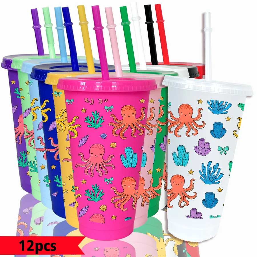 Paquete de 12 Vasos de Plástico de 26 oz con Diseño de Concha de Pulpo y Algas Marinas, para Bebidas Frías, Regalo de Regreso a Clases o Cumpleaños