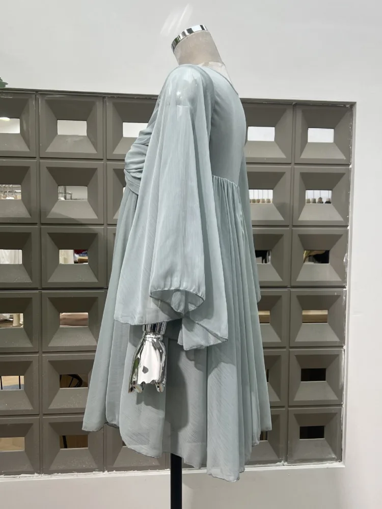 DFDG 2025 SS Vestido de gasa fluido para mujer Boho Cottagecore Vestido corto de corte A minimalista para vacaciones con lazo y faja con cuello Peter Pan Vestido de playa