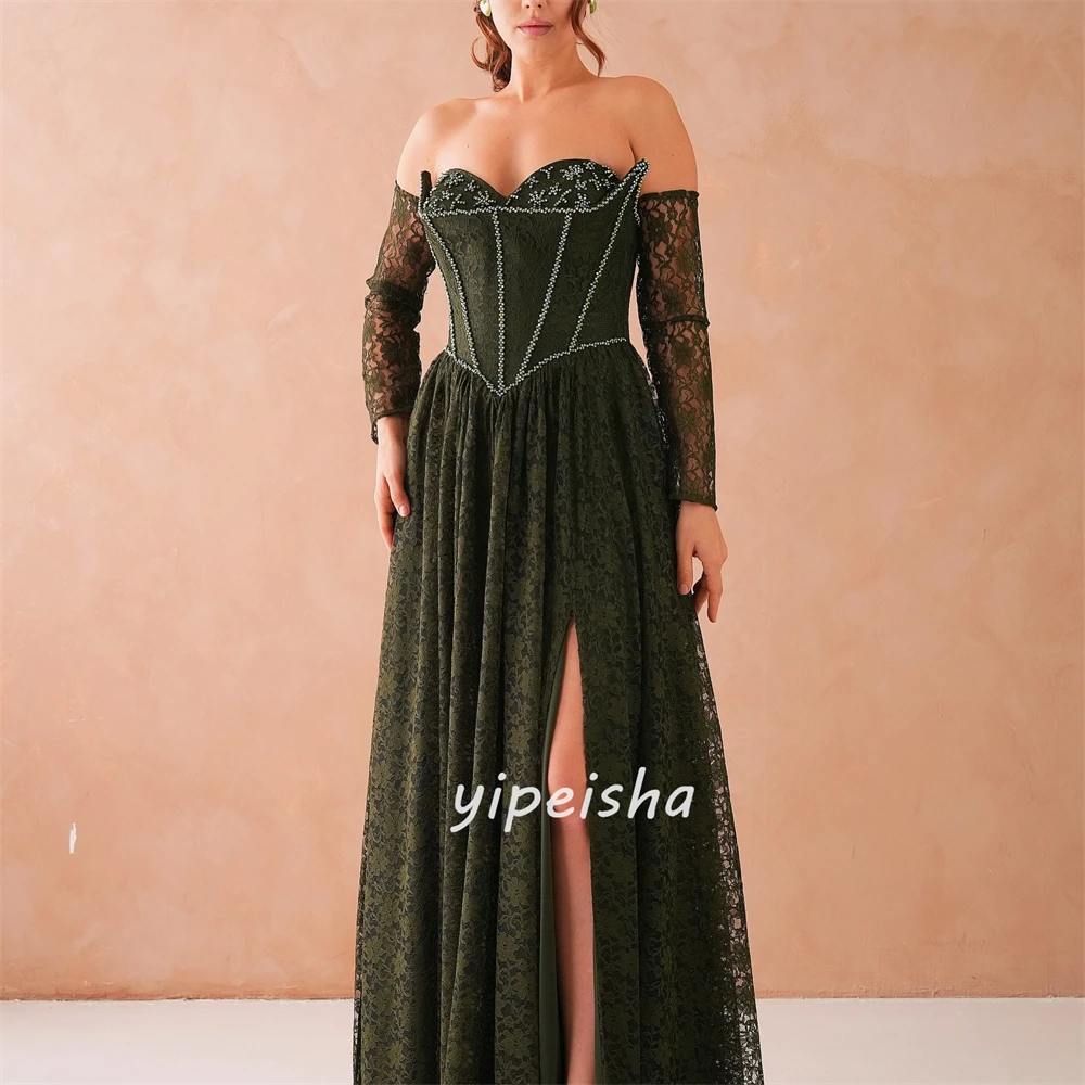 Customized Elegant Classic Lace Rhinestone Ruched Straight Strapless Long Dresses Bespoke Occasion Dresses Modern Style Matching