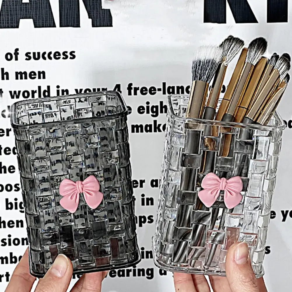 Clear Desk Organizer With Pink Bowknot, Thickened Stable Design, Multi-functional For Cosmetics, Pens & Daily Essentials