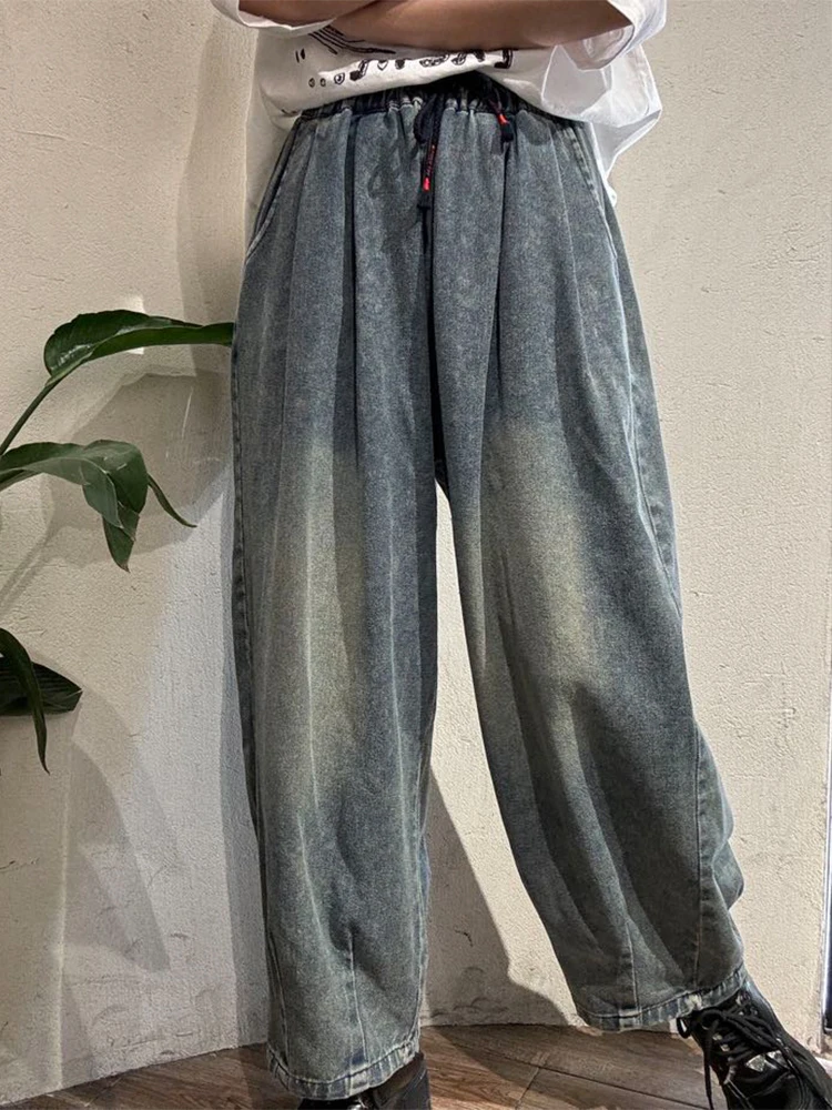 Amax LuluE printemps britannique Vintage jean ample femmes mode classique Denim pantalon femmes décontracté élégant taille élastique pantalon