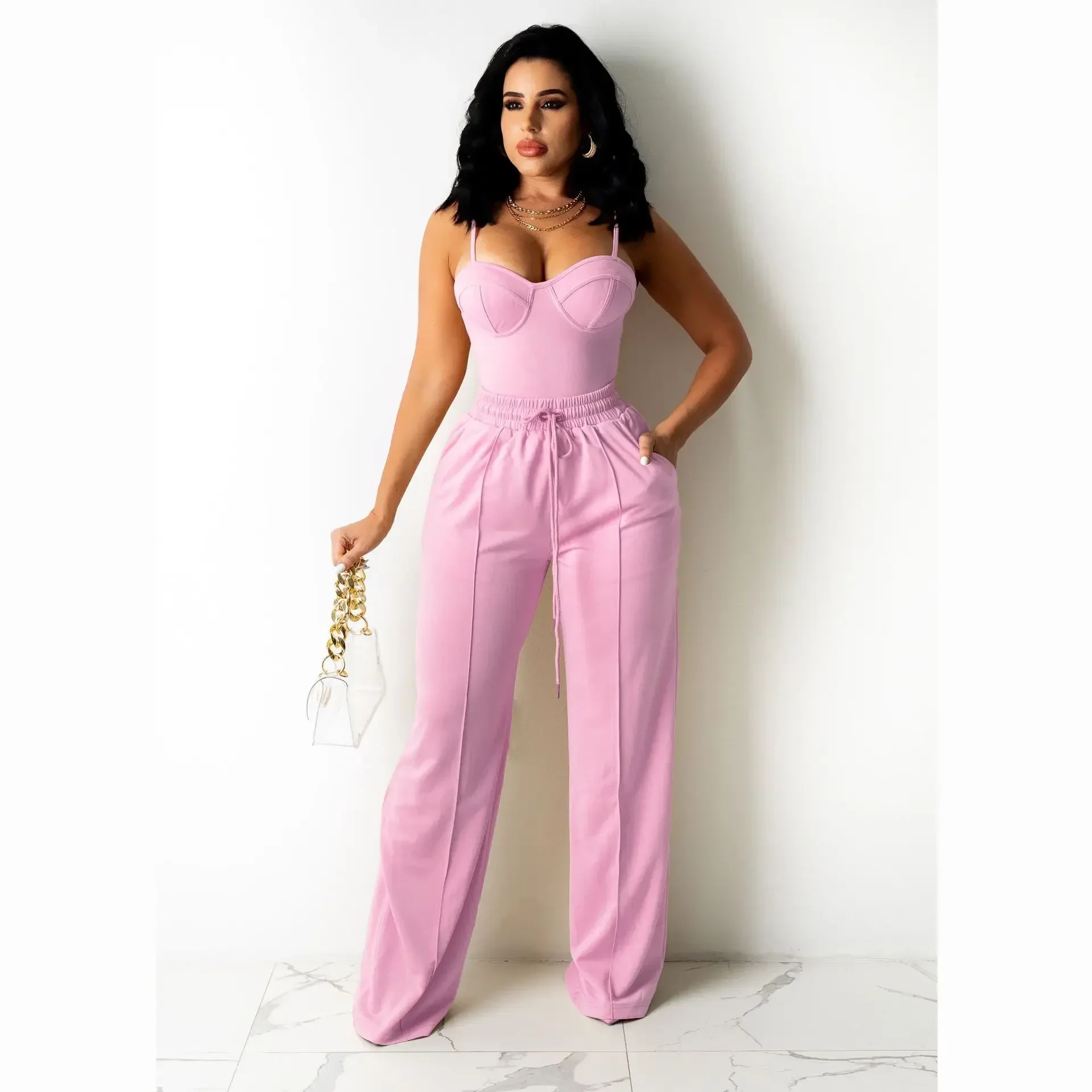 Prowow Women Clothing Set Zipper Crop Tank Tops Wide Leg Pant Two Piece Solid Color Suits New Summer Female Streetwear Outfit