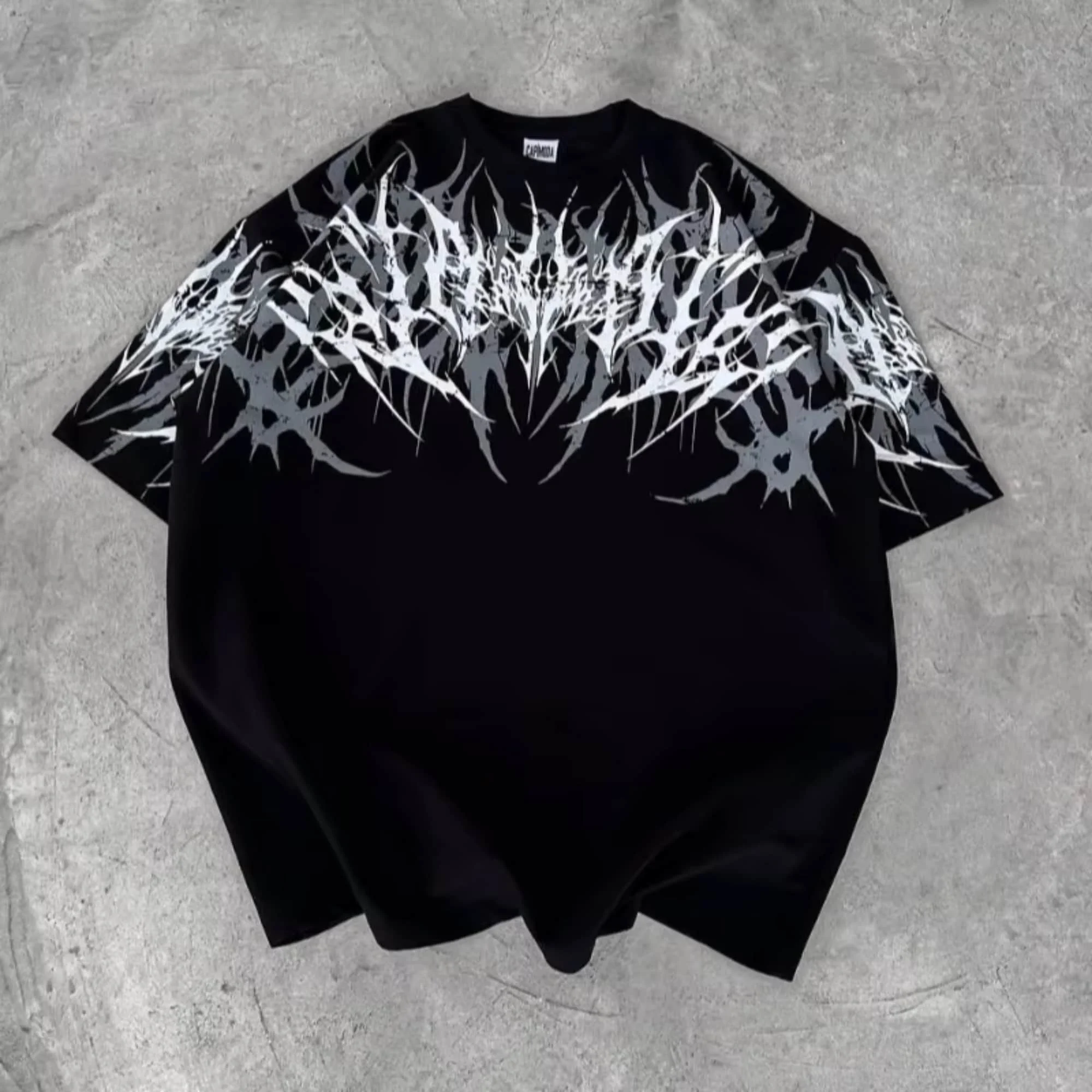 Schwarzes Gothic-T-Shirt mit Dornen-Print für Herren, Oversized, Distressed Darkwave Punk Kurzarm-Shirt, Lässige Streetwear – Detail 2