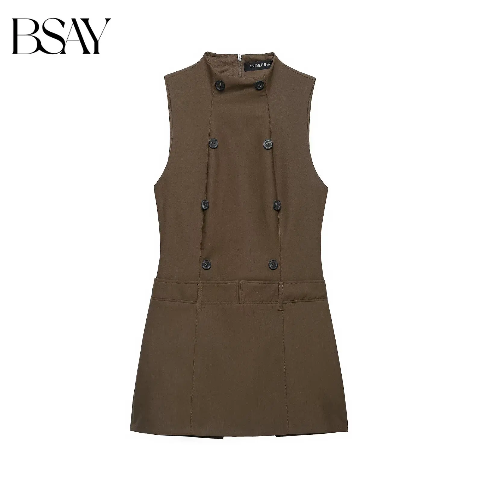 BSAY 2026 Autumn New Women Sleeveless Mini Dress Stand Collar Double Breasted Button Decor Back Zip Slim Fit Casual Short Dress