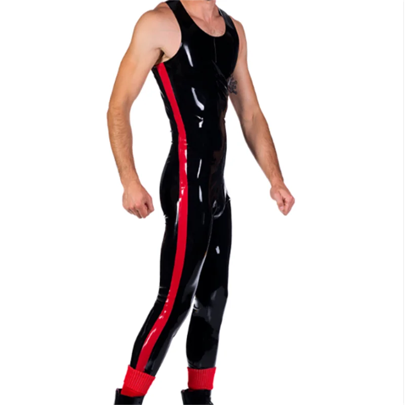 

Latex Rubber Bodysut with Crotch Zipper Sexy Fitness Black and Red Catsuit Sport Sleeveless Jumpsuit 0.4mm