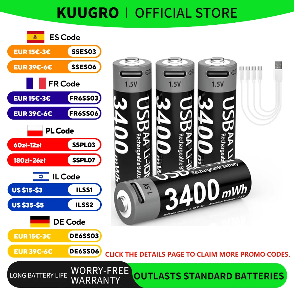 Kuugro USB AA 1.5V 3400mWh Type-C Rechargeable Lithium Battery for Hunting Camera Remote Control Mouse Smart Door Lock Toys