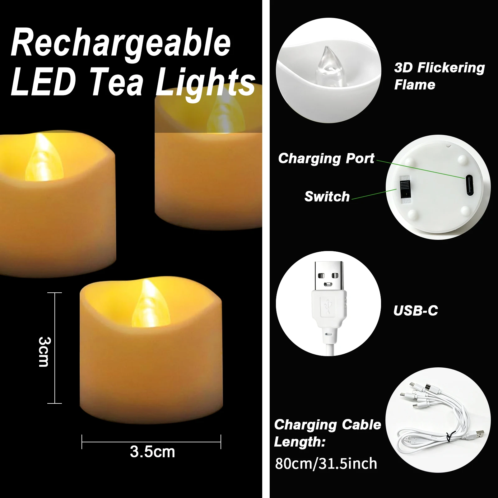 Wiederaufladbare flammenlose Mini-Teelichter mit Fernbedienung & USB-C-Ladekabel, flackernde elektrische Votivkerze, LED-Teelicht – Detail 2
