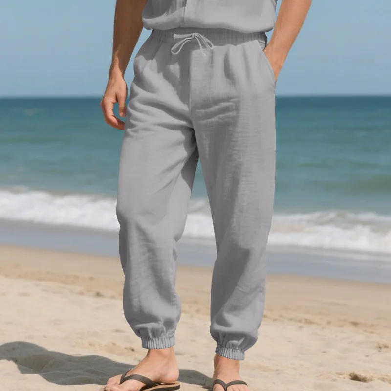 Pant men 2026 casual casual linen sportswear elastic waist lace up loose comfortable beach skinny pants men's clothing