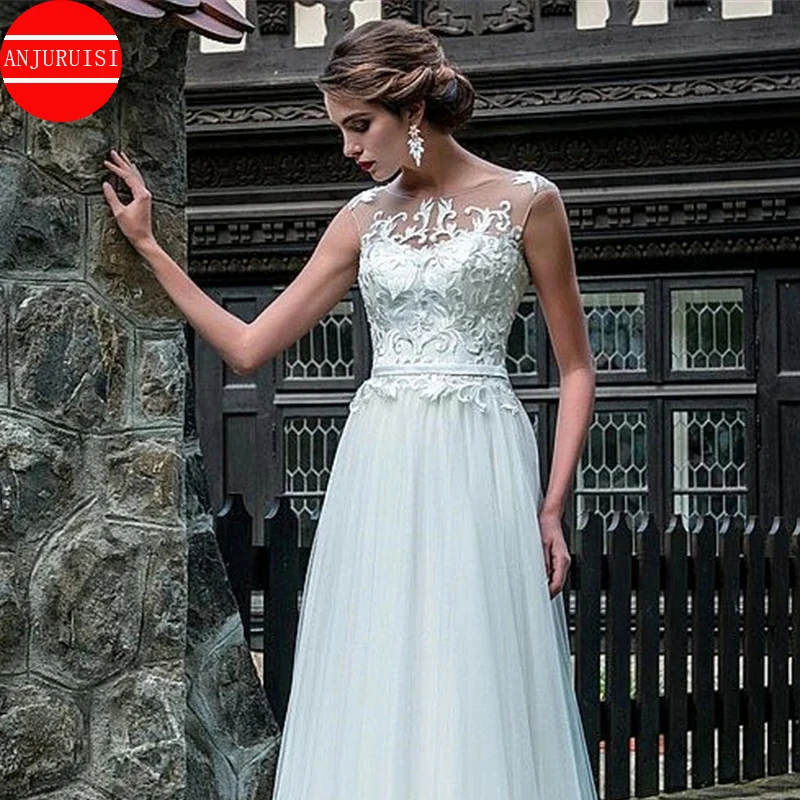 Hot Sale O-neck Sleeveless Top Embrodiery Tulle Keyhole Back Design Sweep Train A-line Beach Wedding Dresses robe de mariee 2024