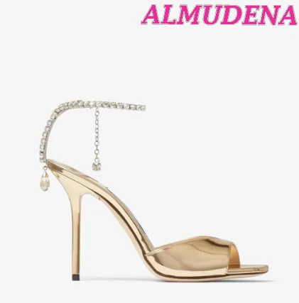 Women Crystal Embellishment Satin Sandals Square Toe Stilettos High Heels 2023 Summer New Luxury Designer Wedding Shoes on Offer