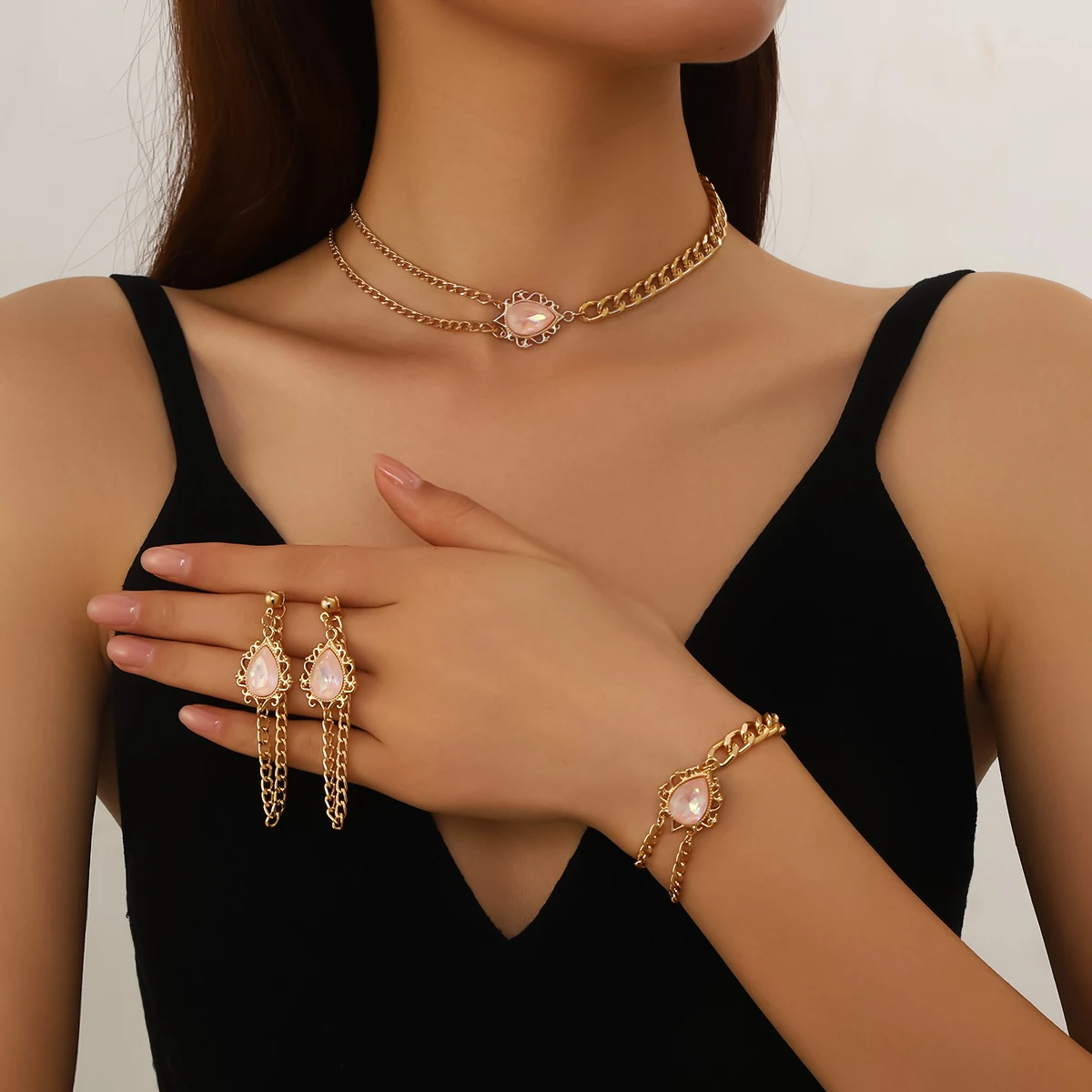 4PCS Women Jewelry Set Classic Jewelry Necklace Set Bracelet Earrings Simple for Woman Girl Party Daily Wear Jewelry