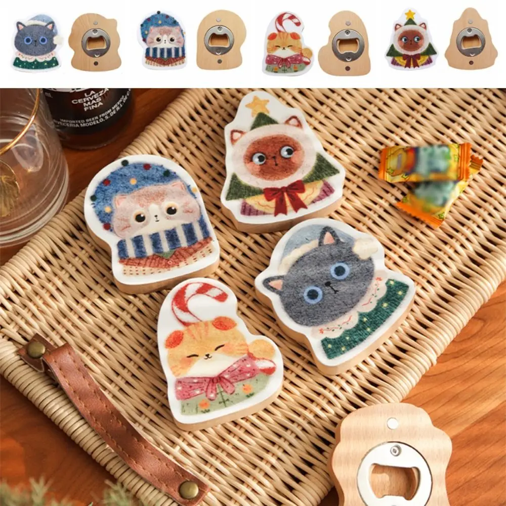 

Creative Cat Shaped Bottle Opener Solid Wood Portable Cartoon Beer Bottle Openers Refrigerator Sticker Cute Wine Opening Tool