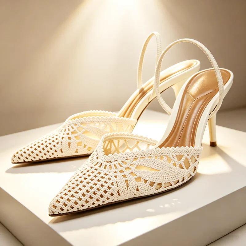 

Elegant Mesh Woven Women Pumps Sexy Pointed Toe Stilettos High Heels for Ladies Luxury Designer Shoes Slingback Heeled Sandals