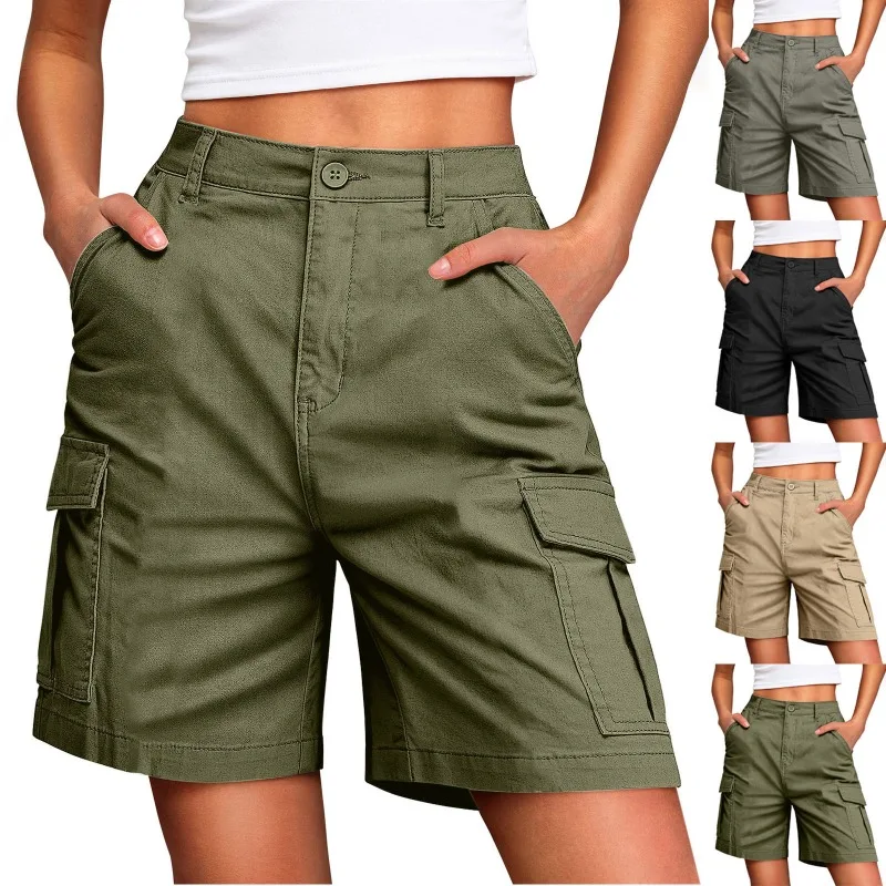 Women Solid Color Cargo Knee Length Shorts Multi Pocket Design Casual Pants Summer Loose Breathable Daily Outdoor Comfortable