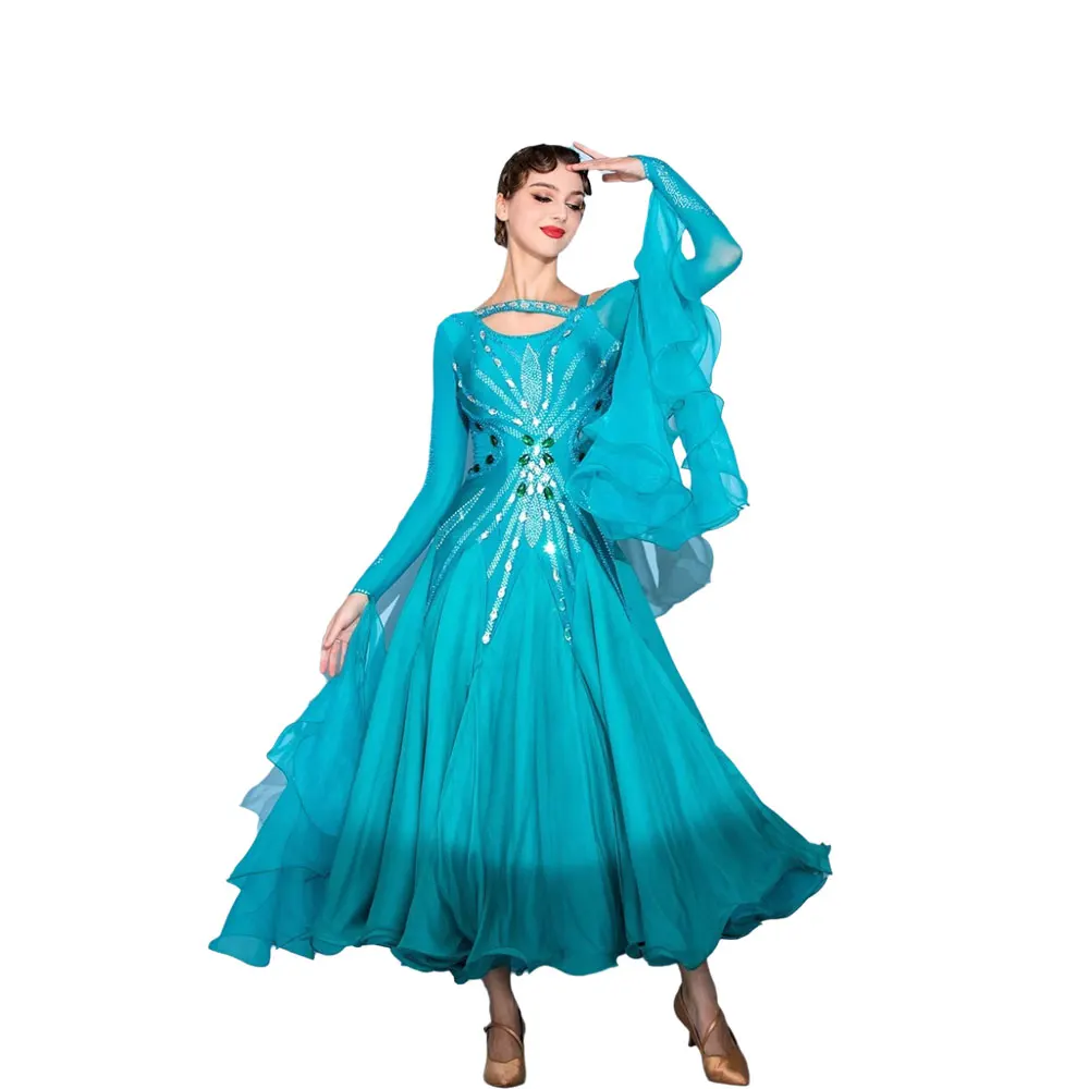 Latin Dance Diamond Vrouwelijke Volwassen Kinderen High-end Aangepaste Blues Mesh Grote Rok Wals Prestaties Hoge Flash Jurk