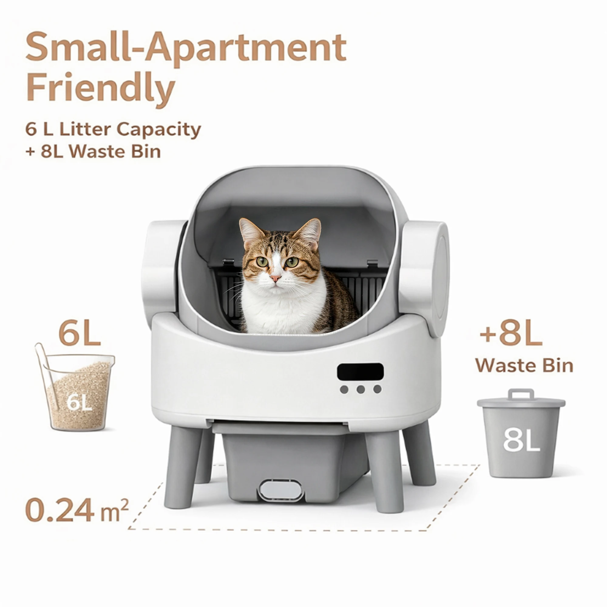 Open Top Automatic Cat Litter Box Safety Sensors Protection Odor Control 8L Large Waste Bin Smart Self Cleaning Cat Litter Box