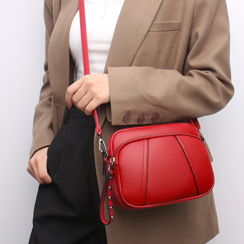 Einfarbige modische Niet Reiß verschluss Damen Handy tasche einfache weiche Leder Schulter Cross body kleine quadratische Tasche Handtasche – Detail 7