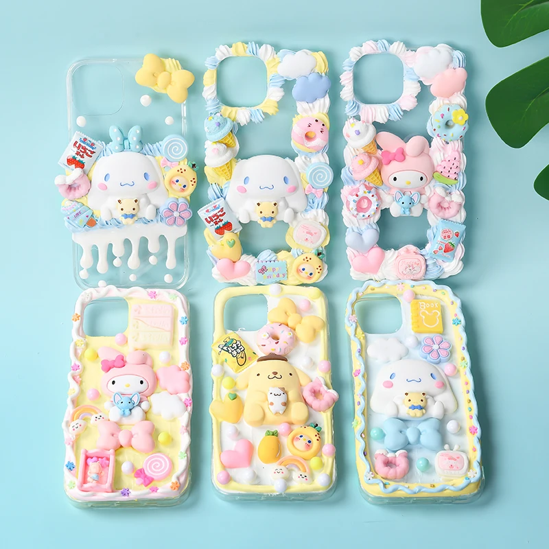 New Sanrio Pompom Purin Cinnamoroll Mymelody Cream Glue Diy Full Set Mobile Phone Shell Material Packageresin Doll Accessories