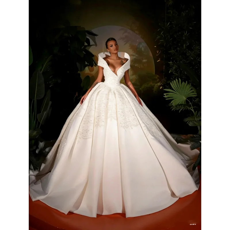 2026 Gorgeous White Fully Beaded Pearls Wedding Dress Satin Deep V-neck Bridal Gown New Charming Dresses For Bride Customzied