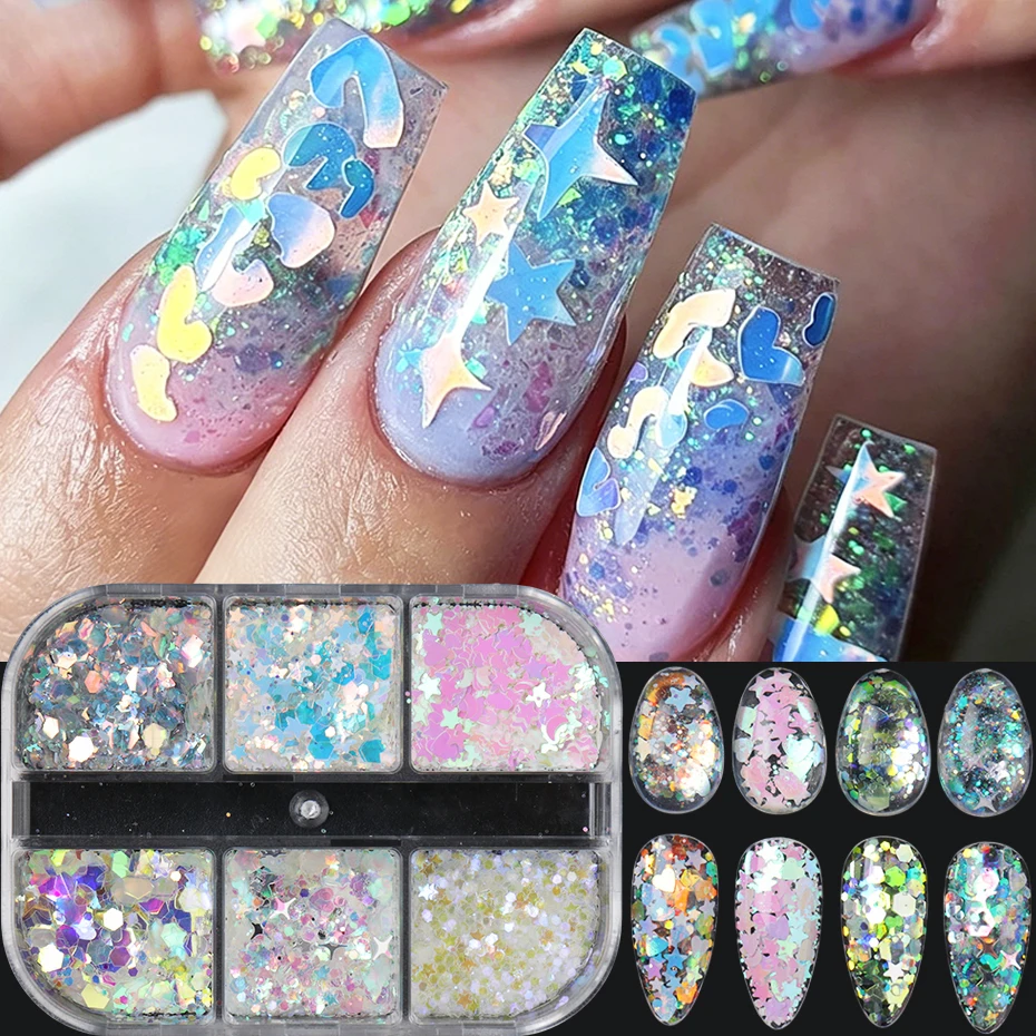 6 Grids Colourful Nail Aert Sequin Hexagon, Star, Heart Mixed Holographic Glitter Flakes Mermaid Shiny Flakes for Summer Decor