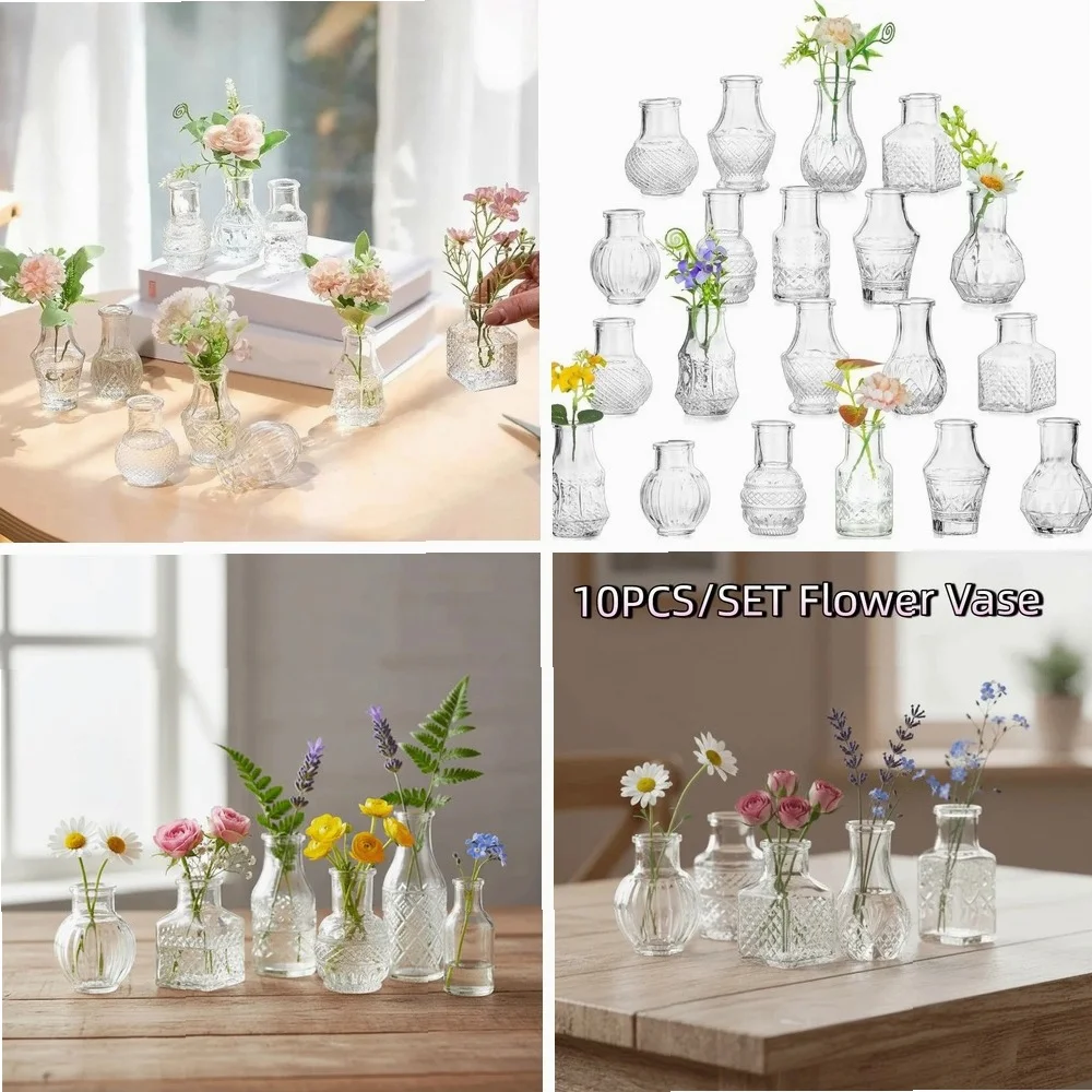 10PCS Retro Relief Mini Glass Vase Set, European Style Crystal Clear Small Flower Vase for Home Decor