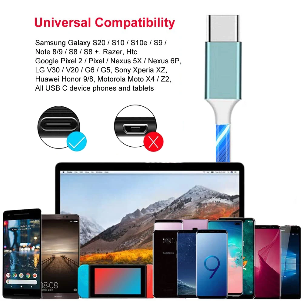 USB C Cable,  LED Light Up Charging Cords Type C Cable Compatible with Samsung Galaxy S21 S20 S10 S10E S9 S8 Plus Note 20 10 9 8