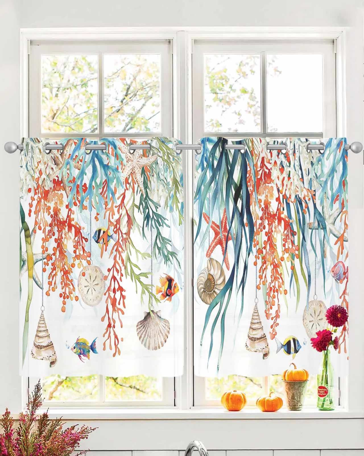 

Tropical Fish and Seashells Sheer Curtains For Living Room Window Transparent Voile Tulle Curtain Cortinas Drapes Home Decor