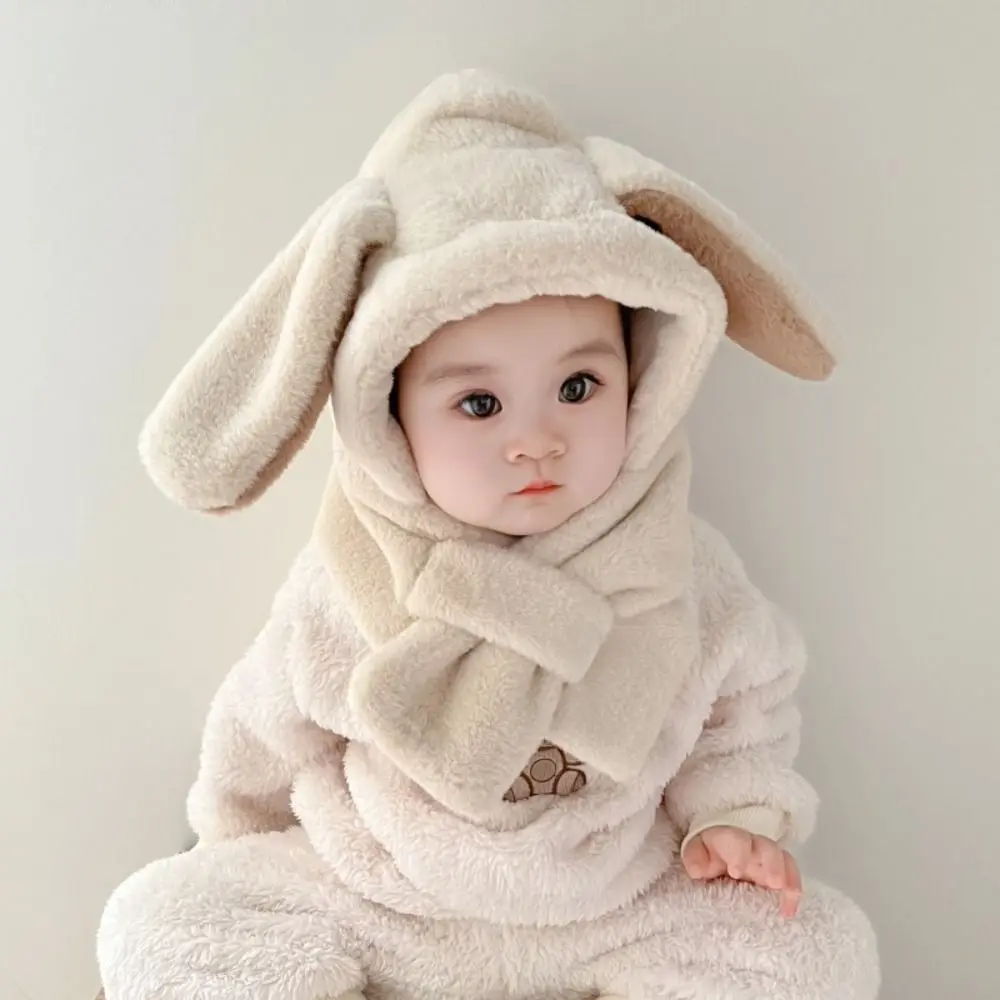 Cartoon Rabbit Ears Winter Baby Hat Scarf Plush Thick Warm Kids Hat Hooded Scarf Windproof Neck Protection One-Piece Beanies Cap