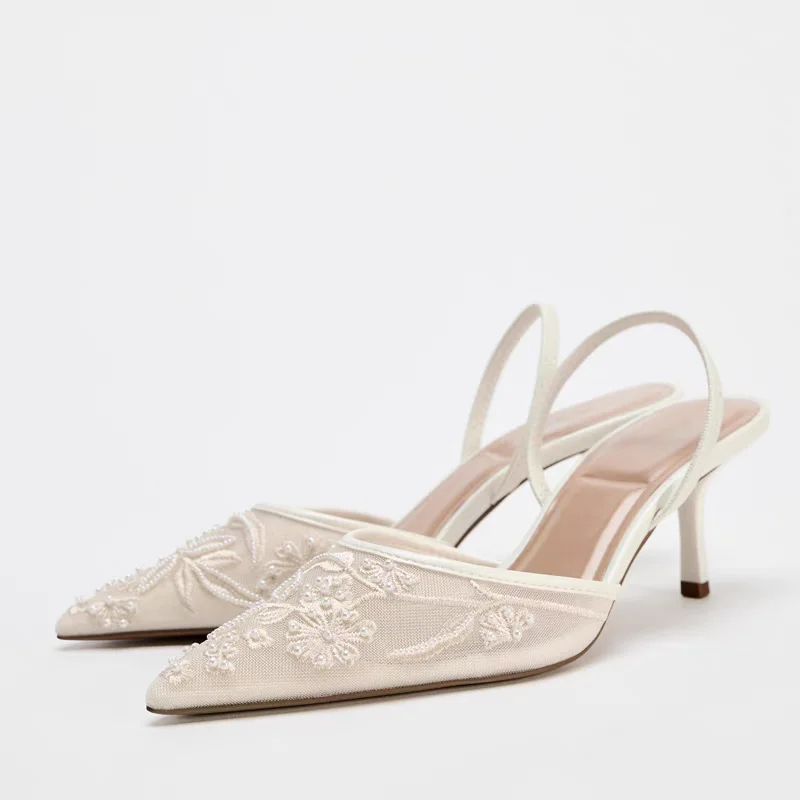 

Новые женские туфли-мюли с острым носком на высоком каблуке, с вышивкой и сетчатыми вставками, модные, с открытым носком, на резиновой подошве, выполненные по технологии клеевого соединения