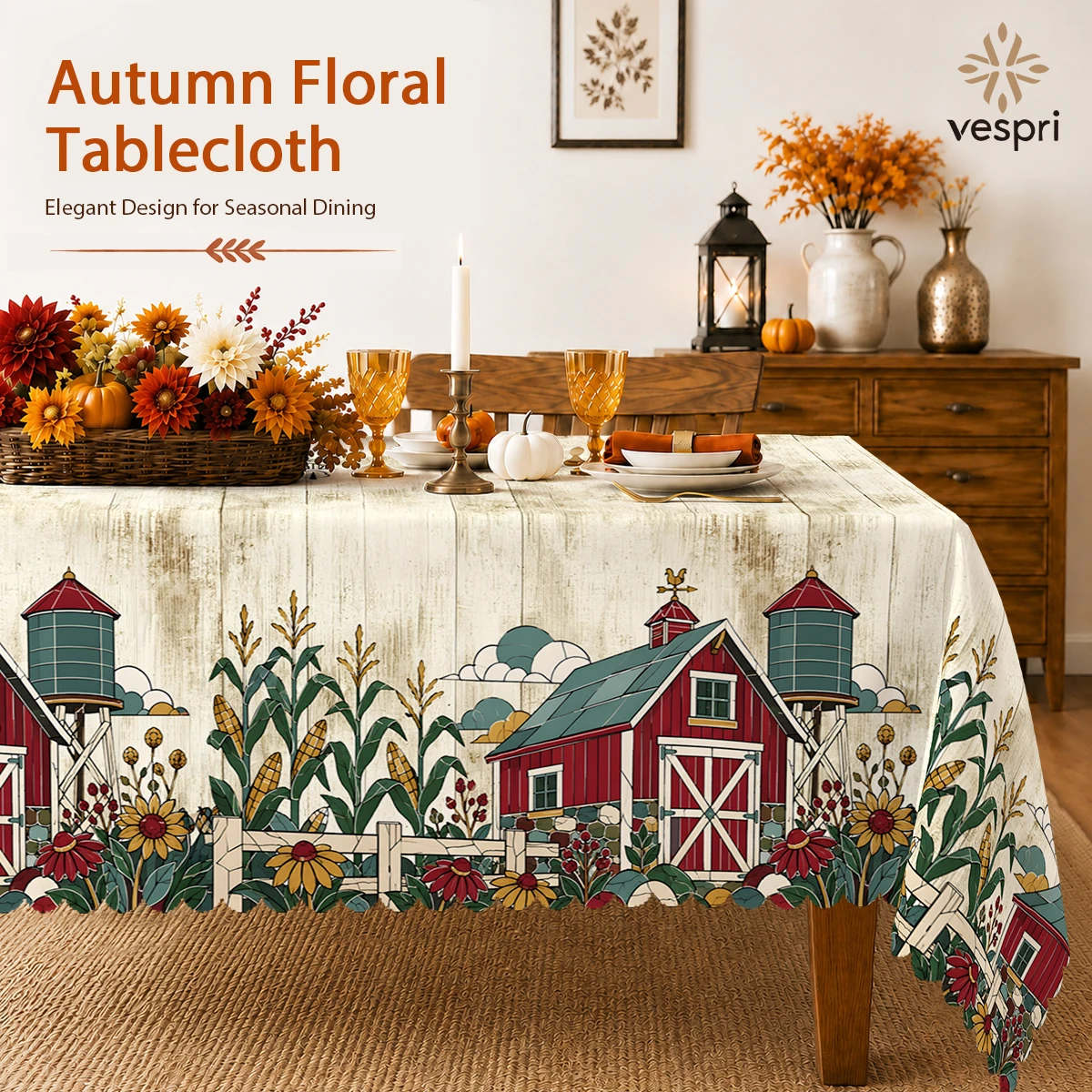 Farmhouse Tablecloth with Barns & Windmills for Indoor/Outdoor Camping decor, Rectangular/Round/Oval