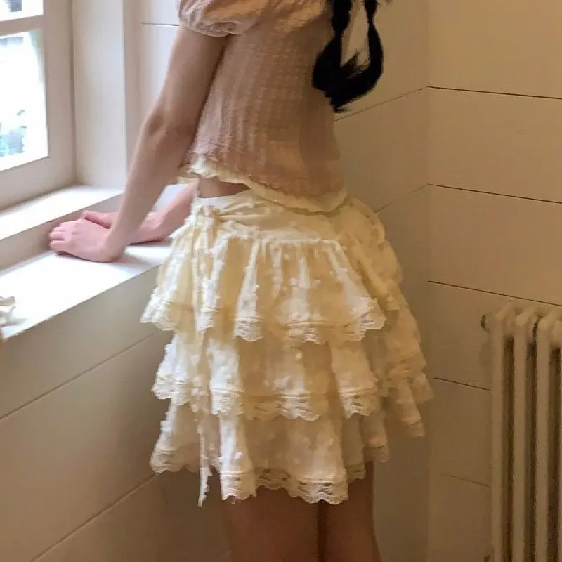 

Stylish Lace Spliced Drawstring Bow Mini Skirts Summer Hotsweet A-Line Women's Clothing High Waist Solid Color Layered Skirts