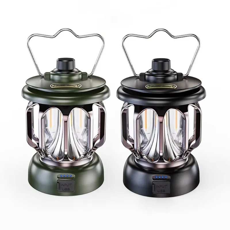 Rechargeable Vintage Camping Lantern Handheld Tent Light With Dual‑USB Output For Outdoor Hiking Camping Emergency Lighting