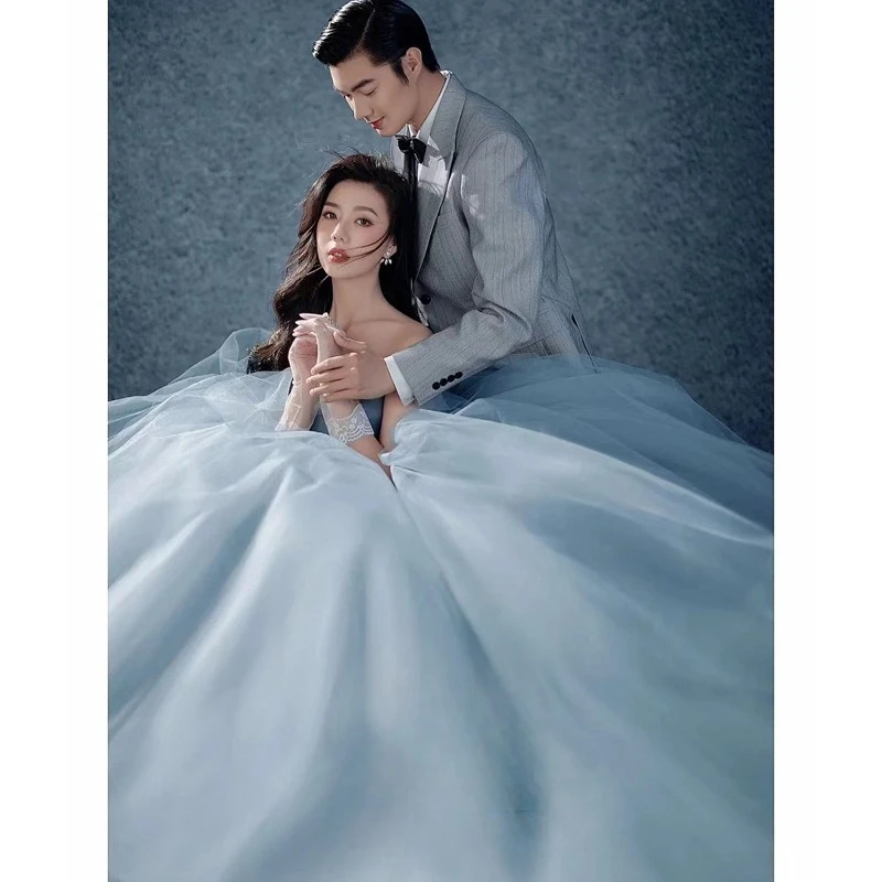 Vestidos de novia de línea A de Corea, vestido de noche Formal de tul de hadas con volantes y volantes para sesión de fotos de mujer azul, vestido de graduación con corsé personalizado