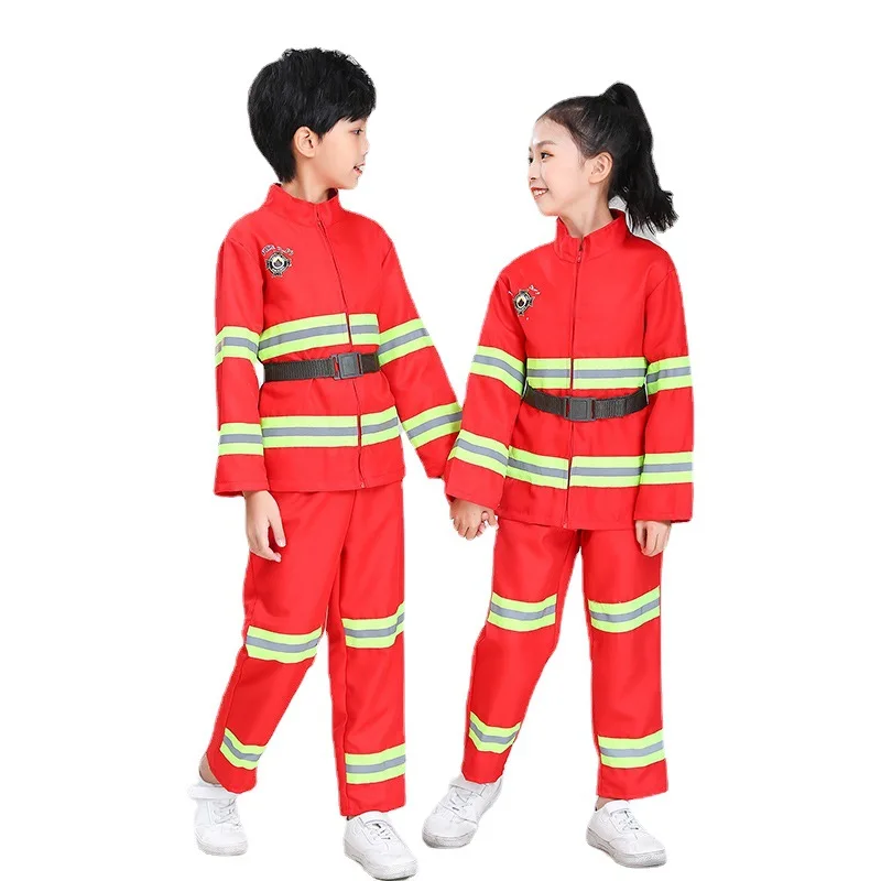 Boys Girls  Fireman Cosplay Costume Red Cloth Halloween Kid with accessories Kindergarten fire uniforms