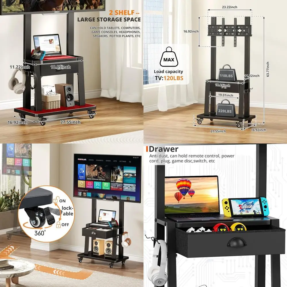 

Мобильная тележка для телевизора с регулируемой высотой для плоских/изогнутых экранов 23-75 дюймов, грузоподъемность 120 фунтов, 2-уровневые полки, колеса с блокировкой, подходит для использования в помещении
