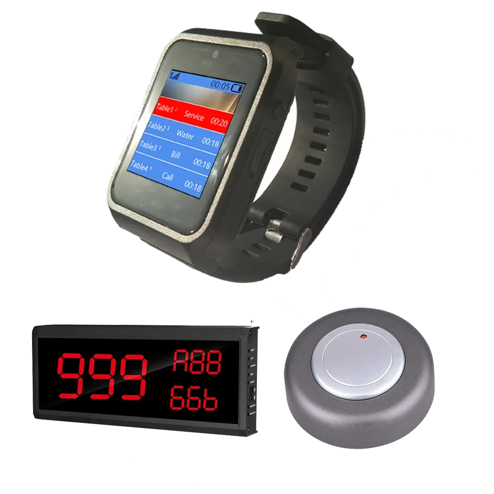 

In stock Newest 1-Button Wireless Waiter Buzzer Bell Restaurant Guest Pager Call System Wrist Watch Display Hotels Clinics Hospi