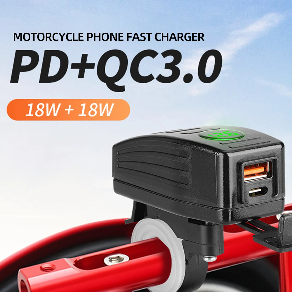 

PD+QC3.0 Motorcycle USB Charger Handlebar Dual Port Fast Charging 38W Power Socket With Voltmeter Switch Waterproof 9V-12V