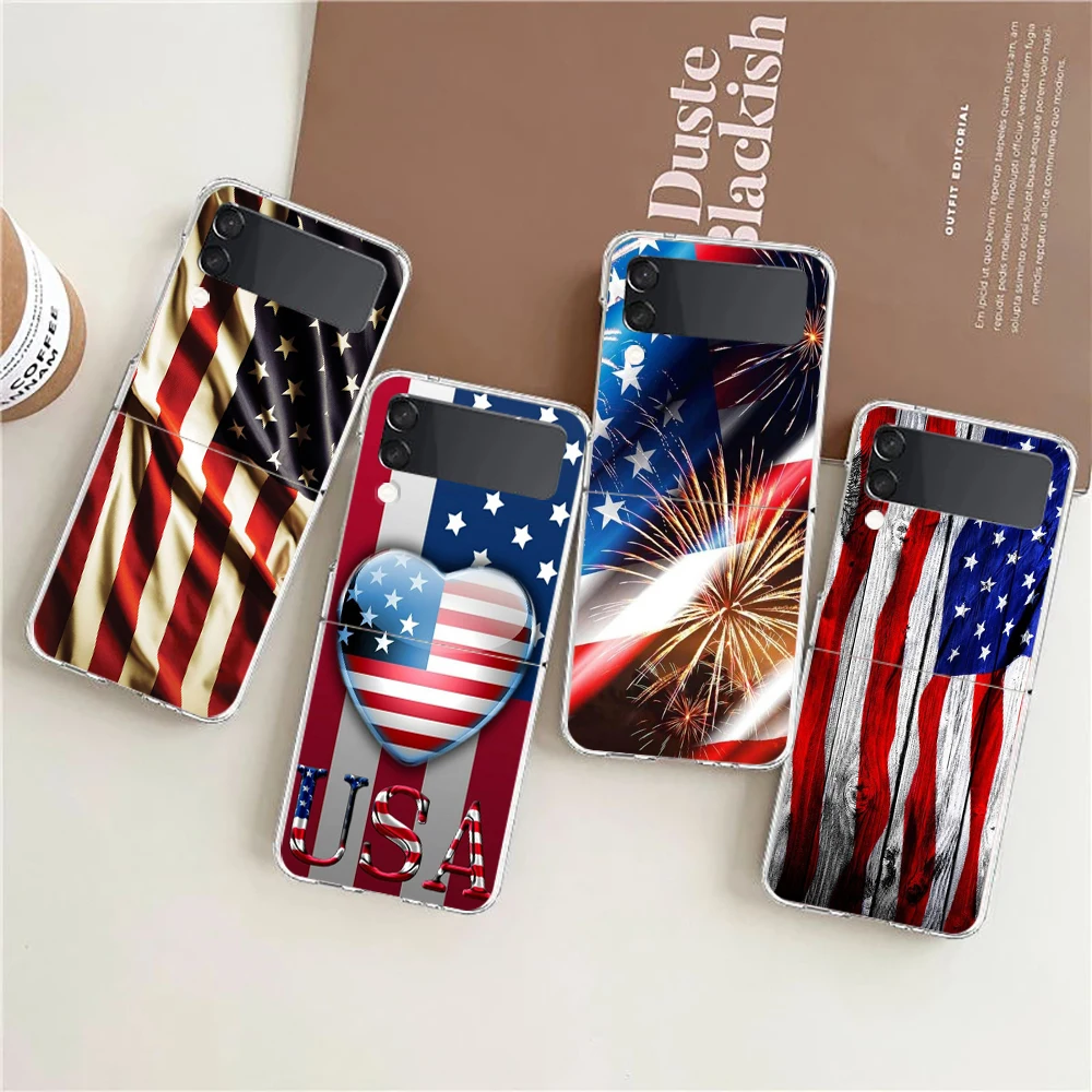 American United States Flag Hard PC Phone Case For Samsung Galaxy Z Flip 6 5 4 Transparent Cover For Galaxy Z Flip3 Foldable Bag