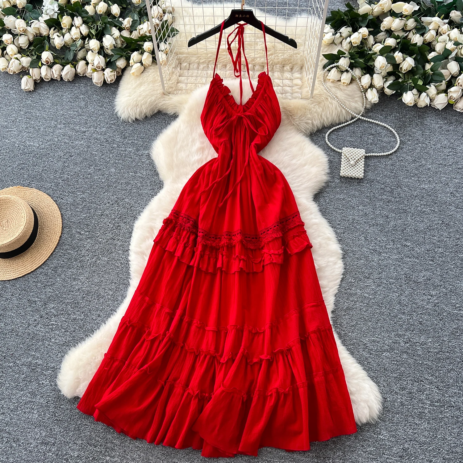 

Vintage sexy Spliced lace A-line Sleeveless Dress Chic Summer Beach Vestidos Women Vacation