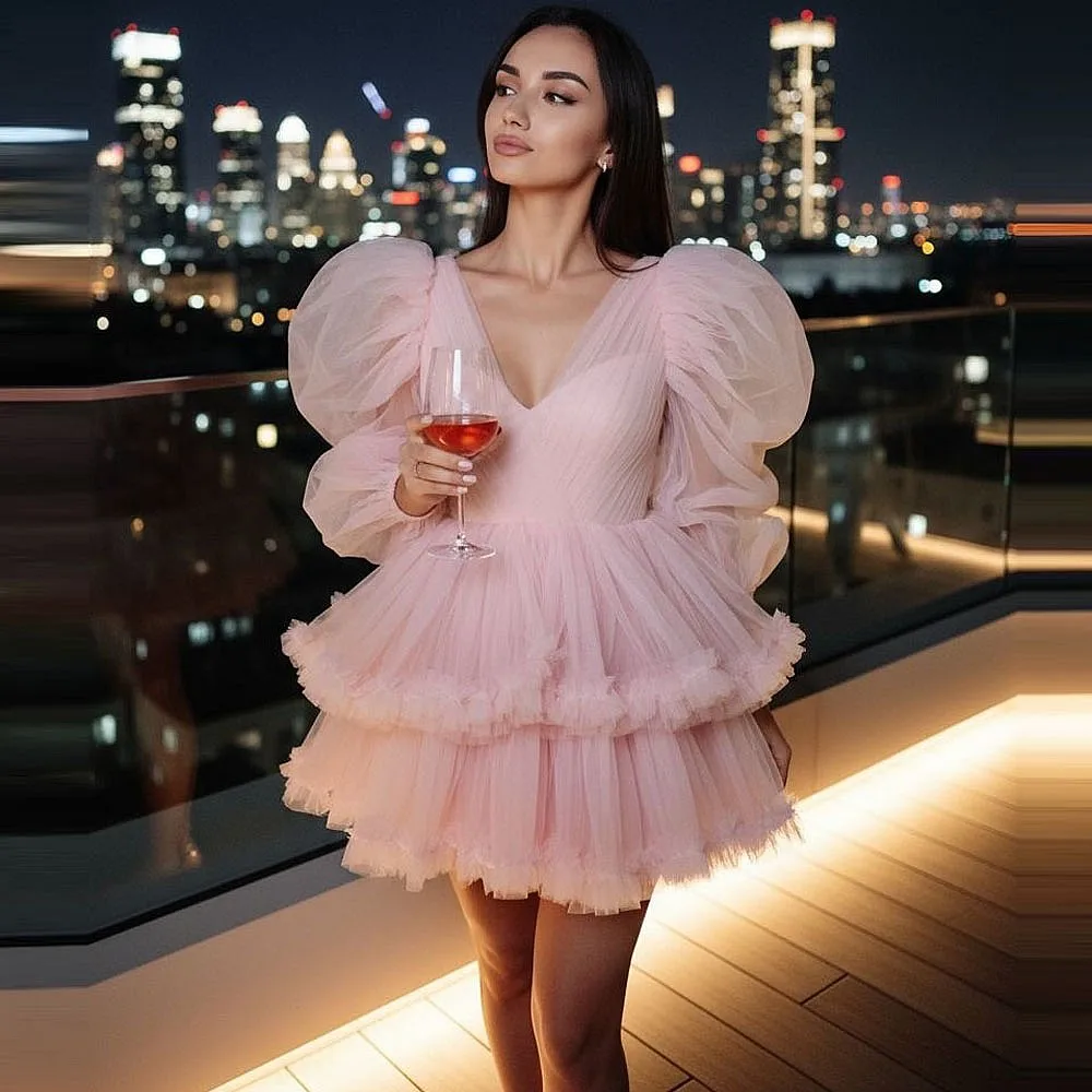 Saia de aniversário de tule rosa claro, decote em v, mangas compridas inchadas, malha em camadas, vestido de festa de feriado para meninas, feito sob encomenda